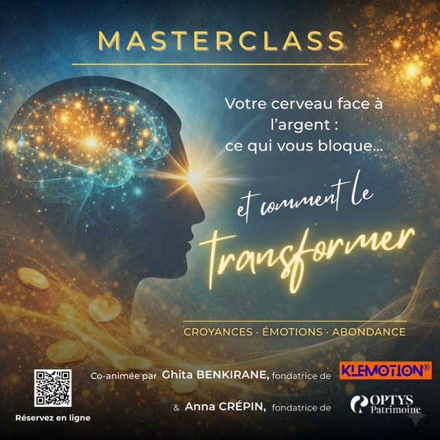 Affiche carrée pour la Masterclass "Votre cerveau face à l’argent : ce qui vous bloque et comment le transformer". L'image illustre les thèmes des croyances, des émotions et de l'abondance avec une silhouette de tête humaine et des effets de lumière dorée symbolisant les neurosciences.